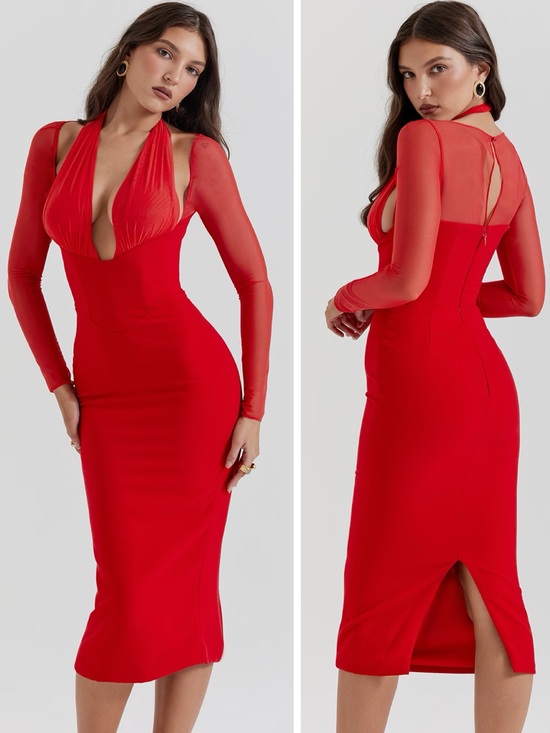 House of CB Dresses & Skirts - NWT House of CB Yasmin Scarlet Plunge Midi Dress True Red size M Bodycon